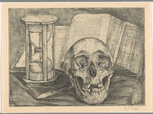 有头骨、沙漏、一本书和一把刀的静物画 作者 Corrie Pabst（艺术家签名）