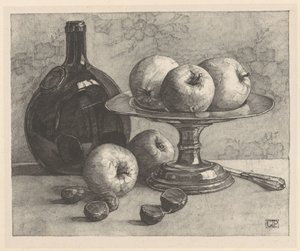 有瓶、碗、苹果、栗子和刀的静物画 作者 科里·帕布斯特