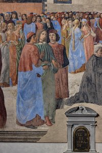 新柏拉图人文主义者团体（从左至右，Marsilio Ficino、Giovanni Pico della Mirandola 和 Agnolo Poliziano）：“圣礼奇迹”的细节，壁画（壁画）