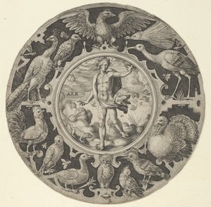 鸟类装饰边框中的 "爱尔"，来自一系列带有F...的圆形设计，1590-1612。