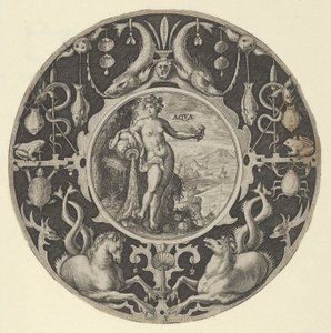 海水 "在海生物的装饰边框中，来自一系列的圆形设计，1590-1612。