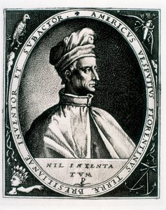Portrait of Amerigo Vespucci, inscription "Americus Vesputius Florentinus Terrae Bresilianae Inventoret Subactor" (engraving)