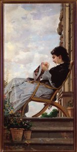 Woman sewing on the terrace
