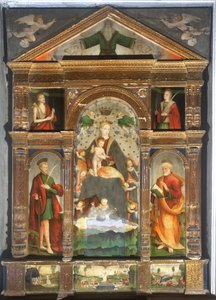 头戴皇冠的圣母子与天使、圣保罗、圣彼得 作者 Cristoforo (fl.1525 1578) & Pancalino Raffaele (fl.1514 1573) Pancalino