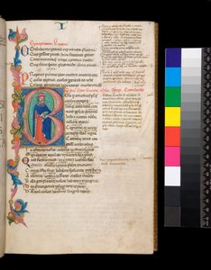 325 女士。 Lucan、Bellum Civile 和其他作品，f.10r。 发光的首字母 [B]，上面有一幅完整的作者肖像，延伸到部分树叶边界，c.1400-10（羊皮纸）