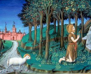 施洗约翰（John Baptist）在城门外祈祷（c.143v）。 1476 作者 克里斯托福罗·德·普雷迪斯