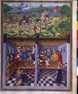 三月的影响：打猎和宫廷。Cristoforo de Predis（1440-1486年）制作的微型画--载于《De Sphaera》d