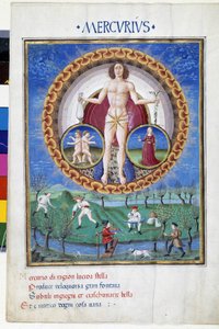 水星与处女和宝石的星座。 楼下，农民在地里干活。 由 Cristoforo de Predis (v. 1440-v. 1486) 制作的缩影——在“”De Sphaera”””d