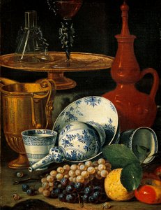 静物与菜肴和水果（布面油画 作者 克里斯托福罗·穆纳里（Cristoforo Munari）