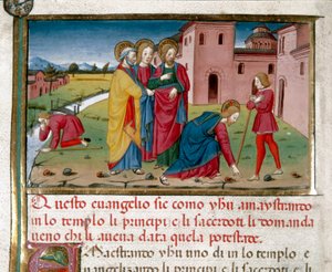 耶稣在新约历史之后（第 7 章）由克里斯托福罗·德普雷迪斯（Cristoforo De Predis，1440-1486 年）通过出生使盲人重见光明 作者 克里斯托福罗·德·普雷迪斯