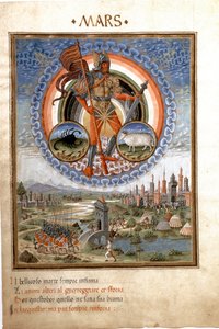 火星与十二星座中的天蝎和贝利尔。战斗场面。(微型画，约1470年)