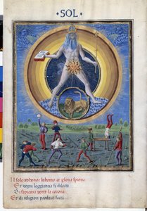 太阳与狮子的十二星座。下面是男人们的体育锻炼场景。Cristoforo de Predis (v. 1440-v. 1486)制作的微型画--载于《De Sphaera》d