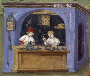 一个钟表匠在 "影响月亮"：工匠。Cristoforo de Predis (v. 1440-v. 1486)制作的微型画 - 在 "De Sphaera" d