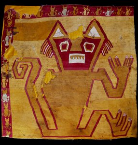 Precolombian art, Nazca civilization: fragment of fabric with zoomorphic representation. 100 BC-800 AD. Goteborg, ethnographic museum