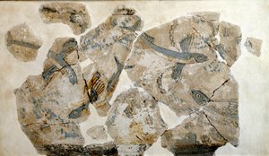 基克拉迪艺术：描绘飞鱼（海燕）的壁画碎片。来自Phylakopi遗址（Melos岛），公元前2500年。23 cm Athenes, national archeological museum - Cycladic art: fragments of a fresco depicting flying fish (terns), from the si 作者 基克拉迪