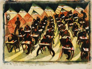 考场》，约 1934 年（薄日本纸彩色线刻版画）