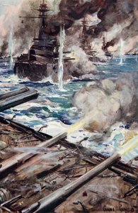 “一队战舰射向宽边”，插图来自“小屋中的故事：基督教青年会礼品书”，1916年出版