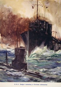 &39;HMS Badger撞击德国潜艇&39;，插图来自&39;小屋中的Told：基督教青年会礼品书&39;，1916年出版