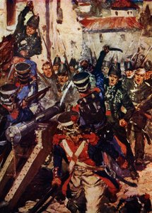 清理村庄的步兵大队（彩色平版印刷）。 作者 赛勒斯·库尼奥