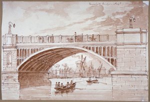 一艘小船从沃克斯豪尔桥下经过的景象，伦敦，1820年。                         作者 DHC