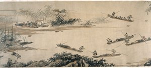 秋天的河流上的渔民