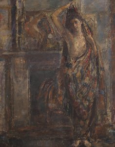站在壁炉旁的垂帘女子（背面），1938 年（布面油画）