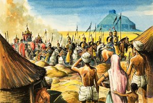 印度当地人观看大象和士兵队伍接近堡垒（纸面水粉画）