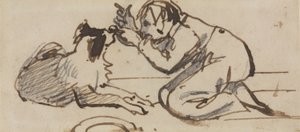 一个孩子在和狗玩耍（铅笔、钢笔和棕色墨水在纸上） 作者 丹尼尔·麦克利斯
