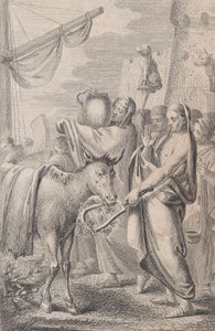 右边的人物靠近一艘船，一些人把动物举过头顶，左边是一匹马，1783年 作者 克里斯蒂安·伯恩哈德·罗德（Christian Bernhard Rode）