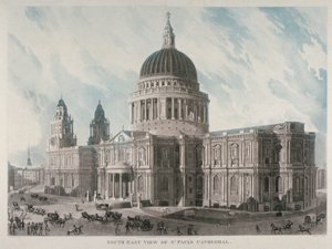 圣保罗大教堂的东南视图，外面有人物和马车，伦敦市，1818年