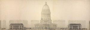 图版 131 选自《芝加哥平面图》，1909 年：芝加哥。显示拟建市政中心建筑群的立面图。