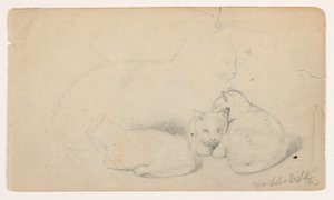 素描，《猫和三只小猫》；背面：阿拉伯男子坐着接人，可能出自大卫-罗伯茨之手，1844 年 作者 丹尼尔·亨廷顿