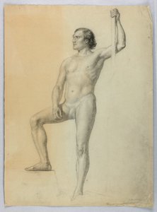 素描，单脚踏在台阶上的男性裸体，1858 年 作者 丹尼尔·亨廷顿