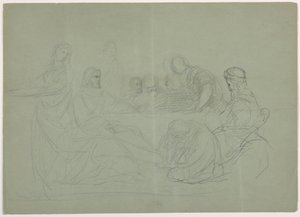 素描，马利亚为基督洗脚，桌旁坐着几个人；背面：注释，1852 年 作者 丹尼尔·亨廷顿