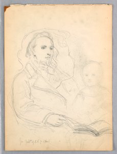 素描，《慈善课》草图和小彼得-理查兹肖像，1849 年 作者 丹尼尔·亨廷顿