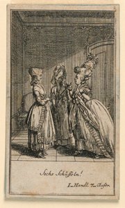 一个老妇人在训斥一个女孩，弗雷德里希-威廉-格罗斯曼在 "Königl: Grosbrit [anische] Genealogischer Kalender auf das 1782 Jahr Lauenberg bey J.G. Berenberg "中创作的戏剧 "Nicht mehr als sachs Schuesseln "的插图。 作者 丹尼尔·尼古拉斯·肖多维奇