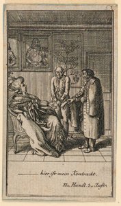 老妇人雇人，弗雷德里克-威廉-格罗斯曼在 "Königl: Grosbrit [anische] Genealogischer Kalender auf das 1782 Jahr Lauenberg bey J.G. Berenberg "中的戏剧插图 "Nicht mehr als sachs Schuesseln"。 作者 丹尼尔·尼古拉斯·肖多维奇