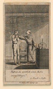 一记耳光，弗雷德里希-威廉-格罗斯曼（Fredrich Wilhelm Grossman）在 "Königl: Grosbrit [anische] Genealogischer Kalender auf das 1782 Jahr Lauenberg bey J.G.Berenberg "中创作的剧本 "Nicht mehr als sachs Schuesseln "的插图。 作者 丹尼尔·尼古拉斯·肖多维奇