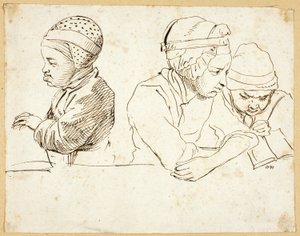 三个孩子（正面）；头部、眼睛、嘴唇和花朵素描（背面） 作者 丹尼尔·尼古拉斯·肖多维奇