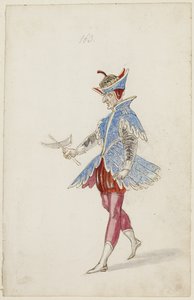 男性人物穿着蓝色和红色的服装，来自芭蕾舞团，1626年（棕色墨水，卫生间和金属漆，在黑纸上涂上黑色粉笔）
