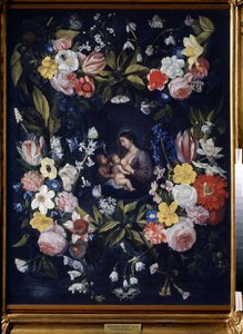 有圣母和圣婴的花环。丹尼尔-塞格斯（1590-1661 年）的作品。布面油画，82 x 64 厘米。 佛兰德艺术，巴洛克艺术。国家艺术博物馆，图拉（或托兰）。