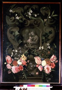 花环中的圣母和圣婴、圣伊丽莎白和施洗约翰。由丹尼尔-塞格斯（1590-1661 年）绘制。铜面油画，84 x 61 厘米 作者 丹尼尔·塞格斯