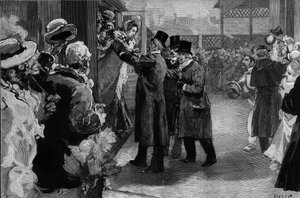 路易丝-米歇尔因参加巴黎公社而被驱逐出境后回到法国（1830-1905）。在圣拉扎尔车站（Saint-Lazare）受到亨利-罗什福尔（1831-1913）、路易-布朗（181-1882）和乔治-克莱蒙梭（1841-1929）的欢迎。