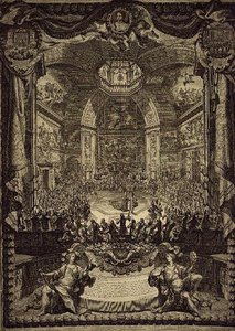 奥兰治公主殿下的盛大宴会，1686年12月在海牙的博伊斯沙龙举行，以纪念奥兰治王子的生日（雕刻）。 作者 马洛丹尼尔