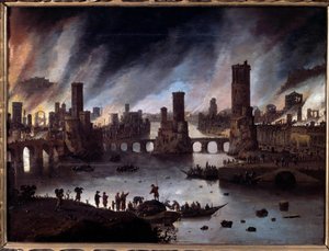 丹尼尔·范·海尔（Daniel van Heil，1604-1662 年）17 世纪贝桑松的《特洛伊之火》画作。 Musee Des Beaux Arts - 燃烧特洛伊的景色。 丹尼尔·范·海尔 (1604-1662) 的绘画 作者 Daniel van Heil
