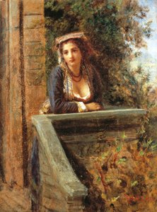 窗边的年轻女孩或阳台上的年轻女子，丹尼尔·兰佐尼（Daniele Ranzoni，1843-1889）创作，纸上油彩，木裱，44x33 厘米
