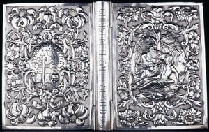 上面和下面的书套上有树叶和撒玛利亚人的画像，1740年 作者 丹麦学校