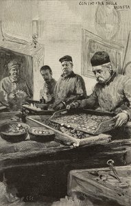 意大利罗马造币厂清点硬币，但丁·保洛奇 (Dante Paolocci) 绘制后进行雕刻，出自《意大利插画》，XX 年，第 51 期，12 月 17 日 作者 但丁保洛奇