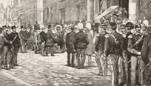 参加意大利政治家和官员路易吉·梅扎卡波（Luigi Mezzacapo，1814-1885 年）送葬队伍的政治家和官员，意大利罗马，根据但丁·保洛奇 (Dante Paolocci) 的绘画雕刻，来自《意大利插画》，第 12 年，第 7 期，2 月 15 日