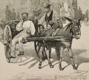 水贩 (acquarolo)，在意大利罗马街头出售 Acetosa 喷泉的水，由但丁·保洛奇 (Dante Paolocci) 绘制后雕刻，来自《意大利插画》，XX 年，第 28 期，7 月 9 日